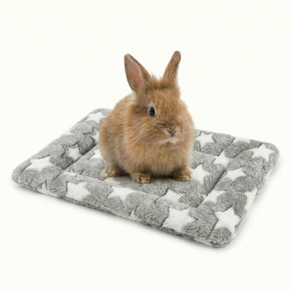 Small brown rabbit sitting on a gray mat with white star patterns