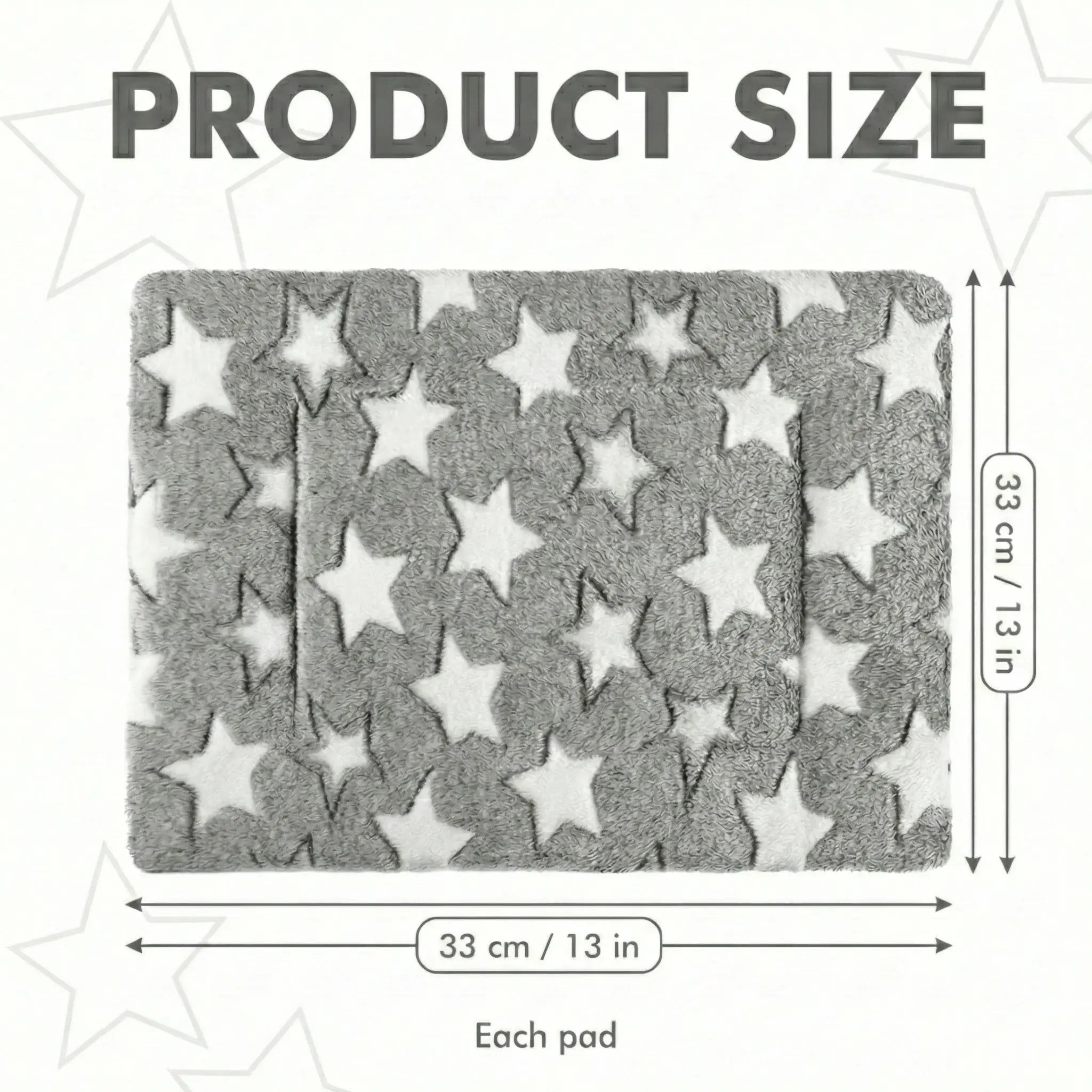 Gray star-patterned rug with measurements on a white background