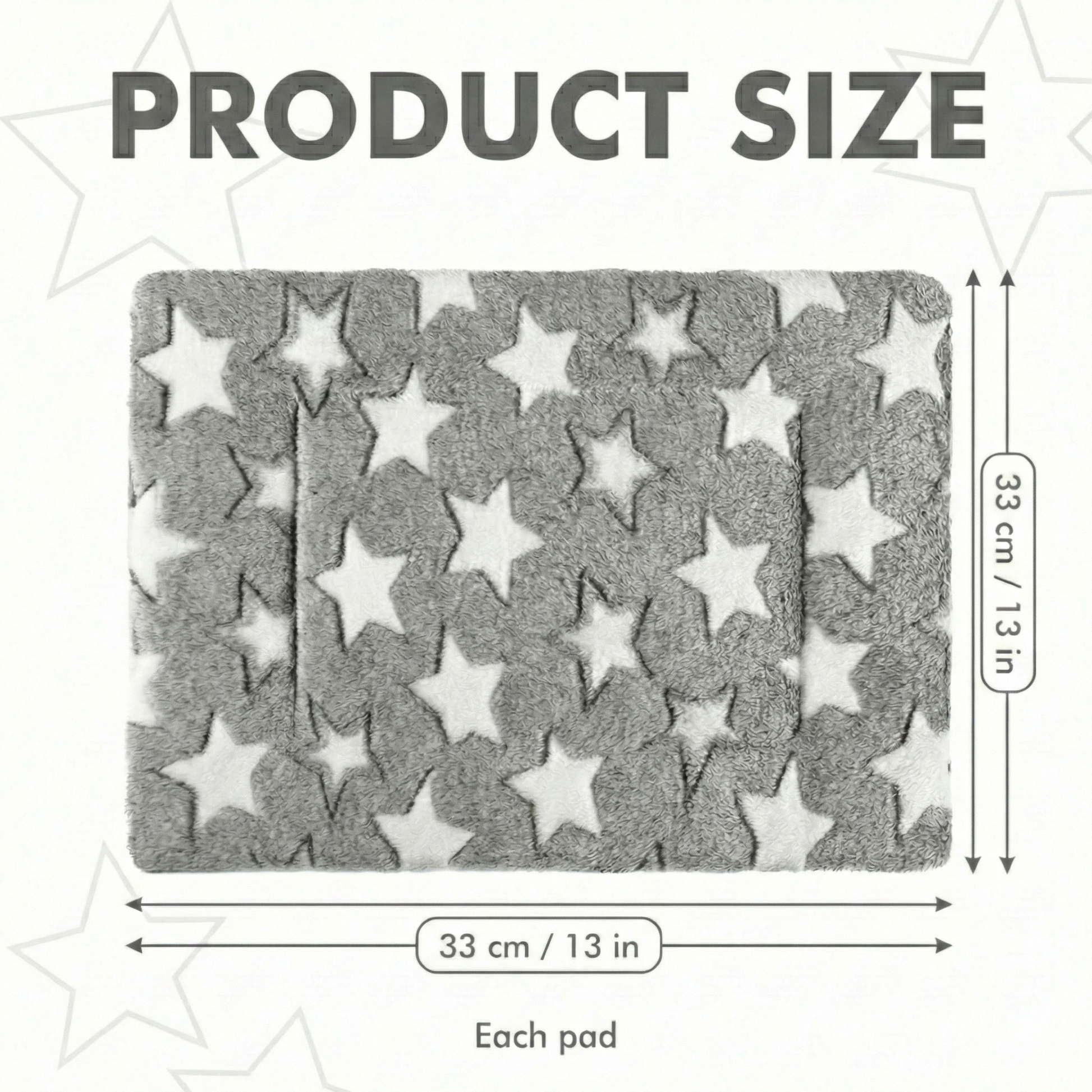 Gray star-patterned rug with measurements on a white background