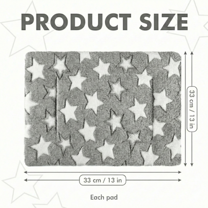 Gray star-patterned rug with measurements on a white background