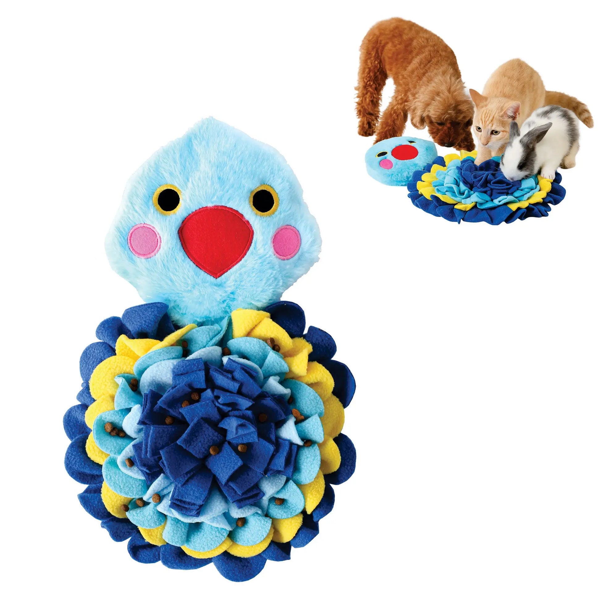 Colorful pet toy with a blue and yellow design, featuring a cat playing with it.