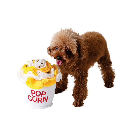 Dog next to a popcorn-themed toy on a white background