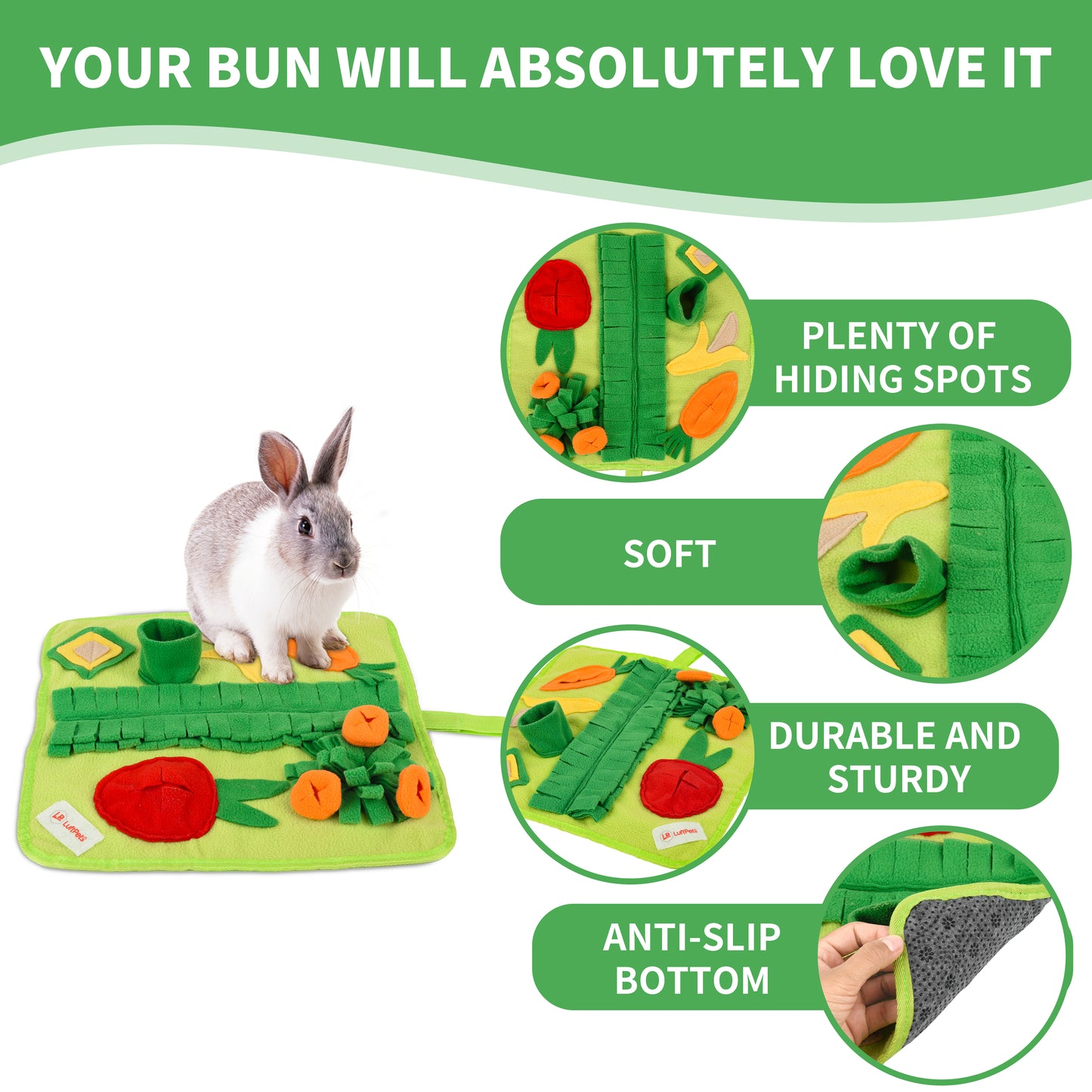 Rabbit Foraging Mat: Interactive Veggie Patch &  Snuffle Mat for Bunnies & Guinea Pigs