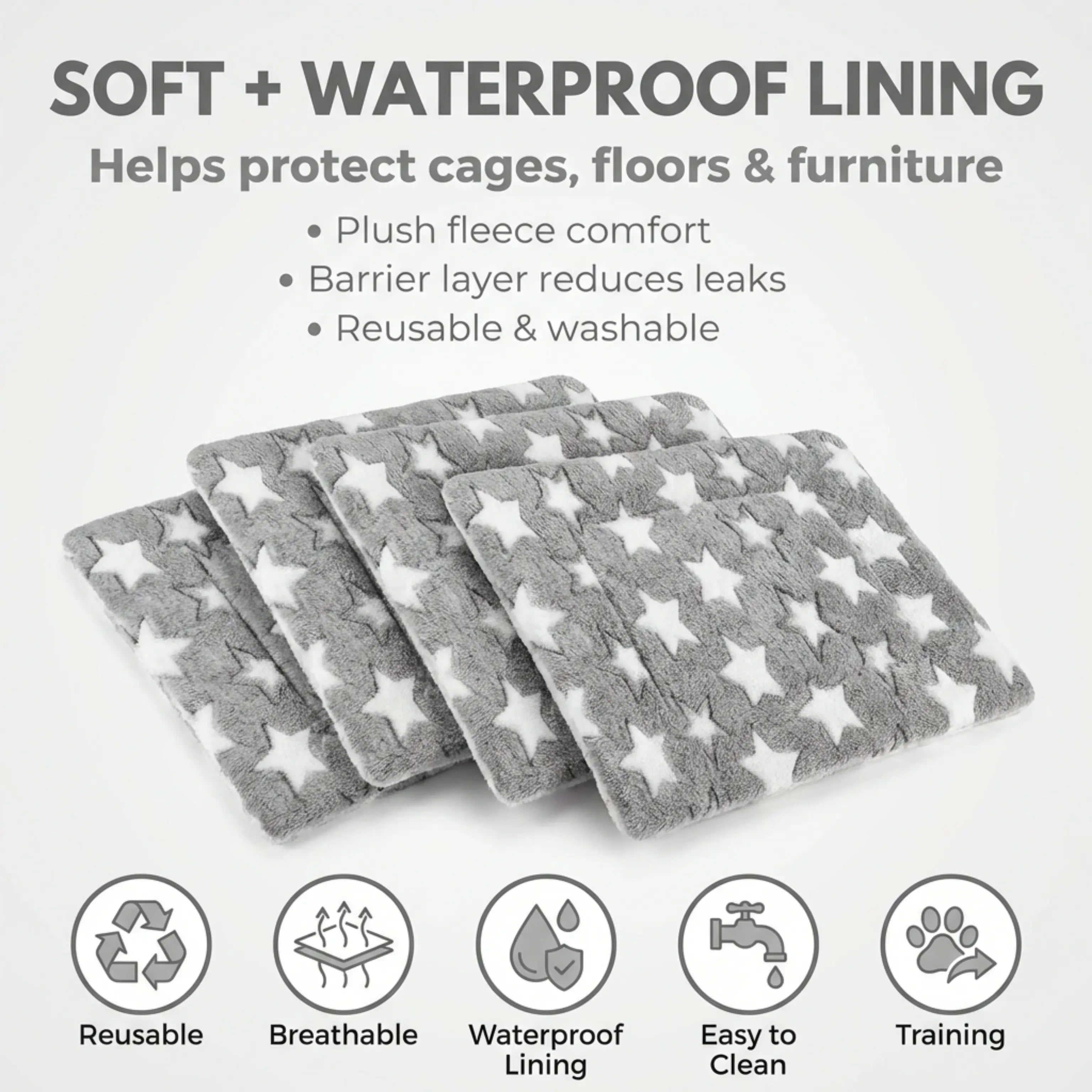 Gray and white star-patterned pads with text about soft and waterproof lining on a light gray background.