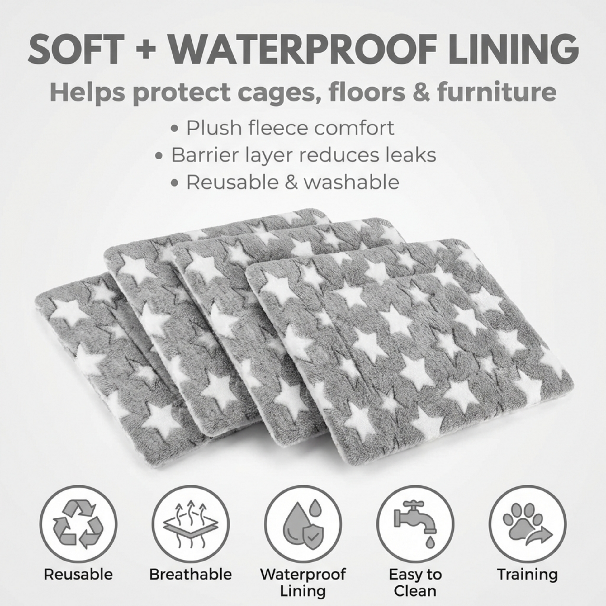 Gray and white star-patterned pads with text about soft and waterproof lining on a light gray background.