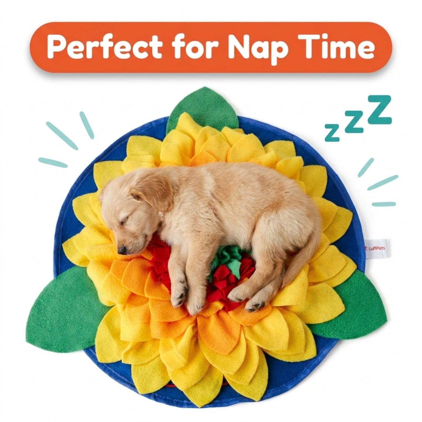 Puppy sleeping on a sunflower-shaped pet mat with 'Perfect for Nap Time' text above.