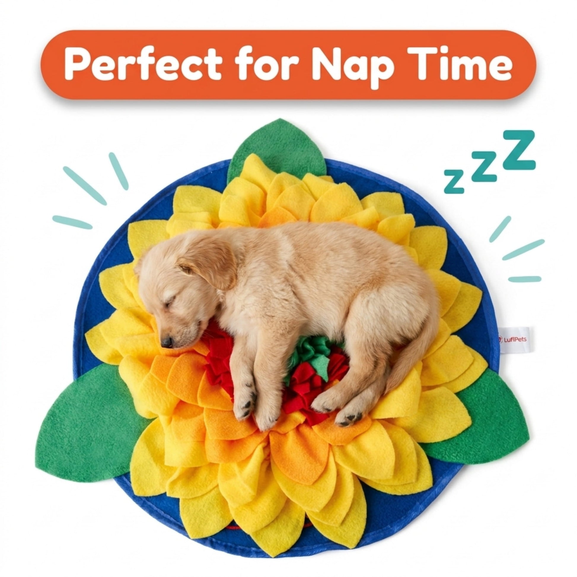 Puppy sleeping on a sunflower-shaped pet mat with 'Perfect for Nap Time' text above.