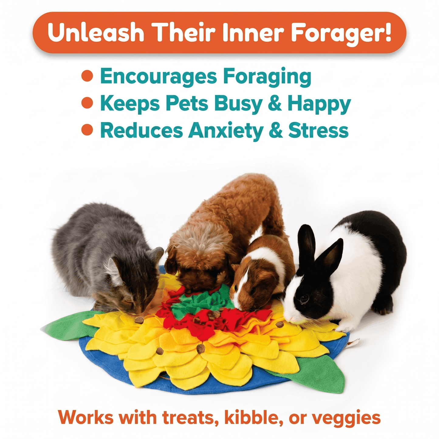 Pet activity mat with cats and a dog on a white background, featuring text about pet behavior benefits.