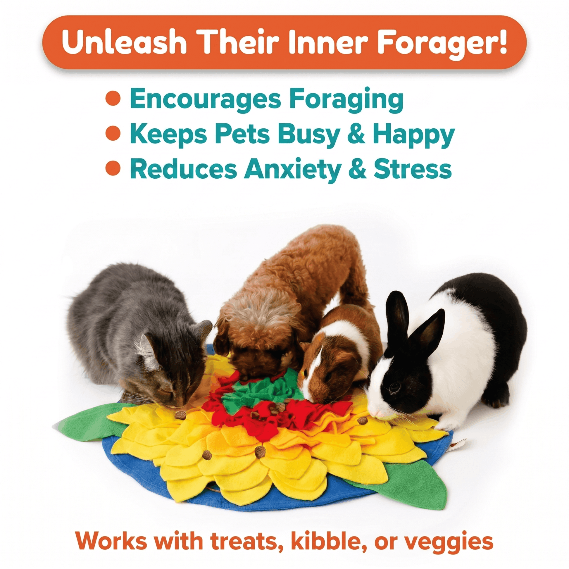 Pet activity mat with cats and a dog on a white background, featuring text about pet behavior benefits.