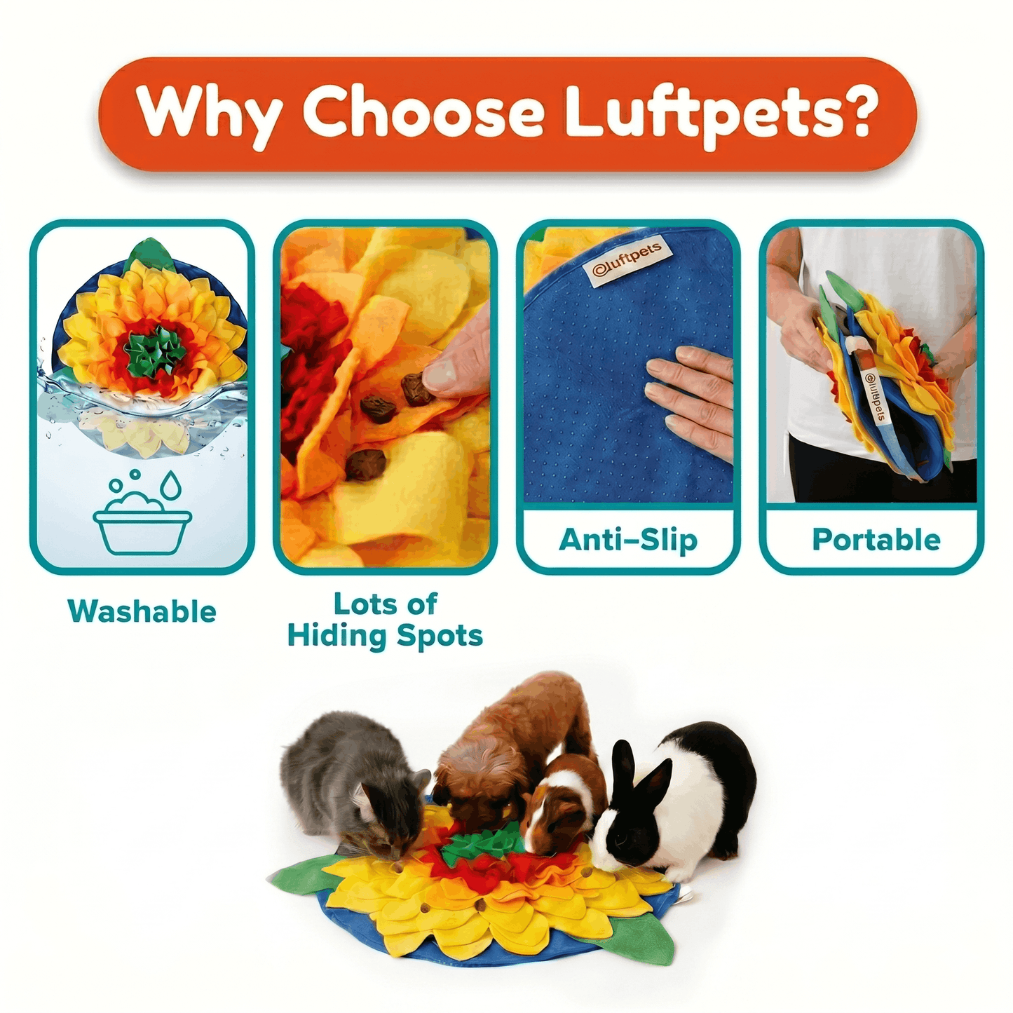 Luftpets product with features like washable, hiding spots, anti-slip, and portable design.