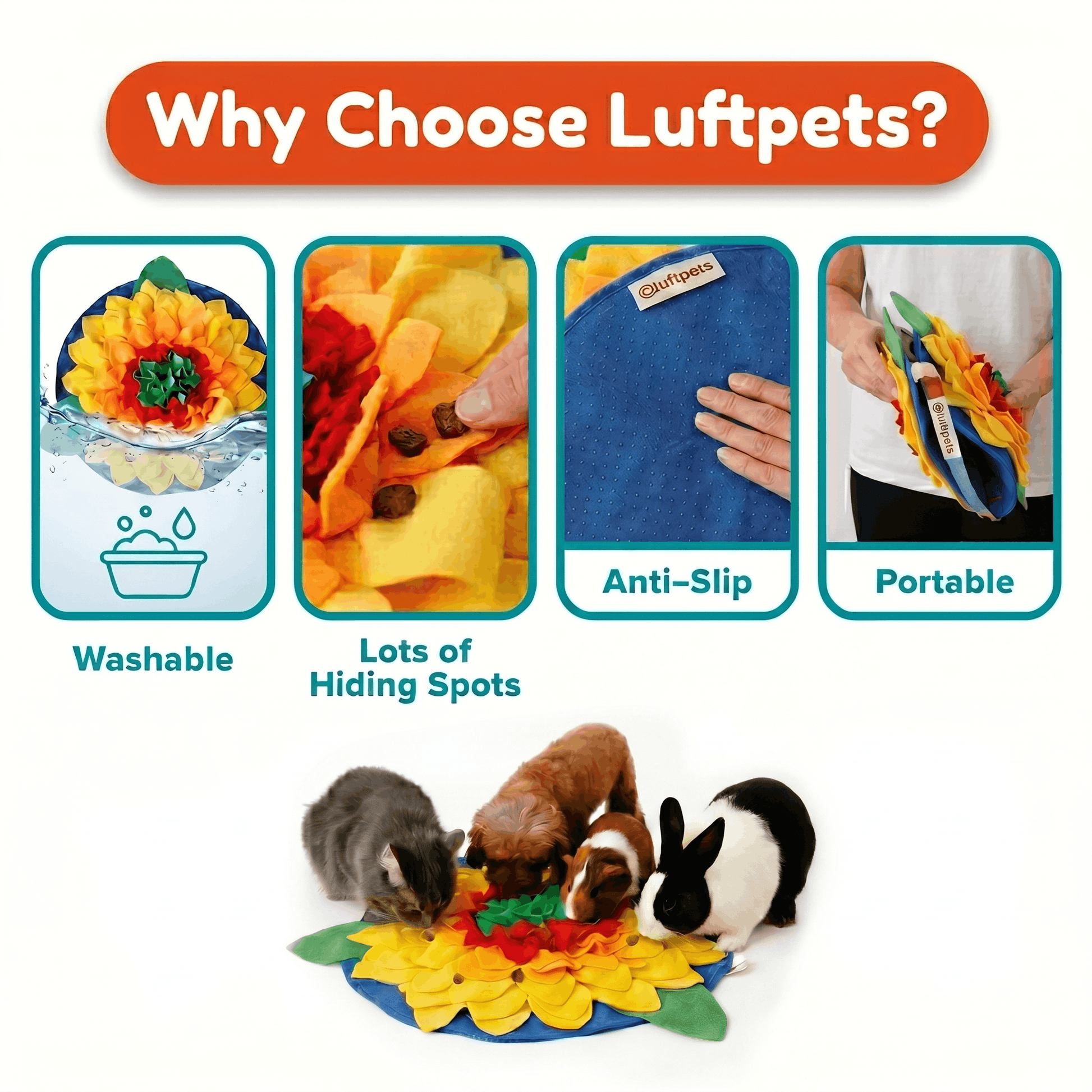 Luftpets product with features like washable, hiding spots, anti-slip, and portable design.