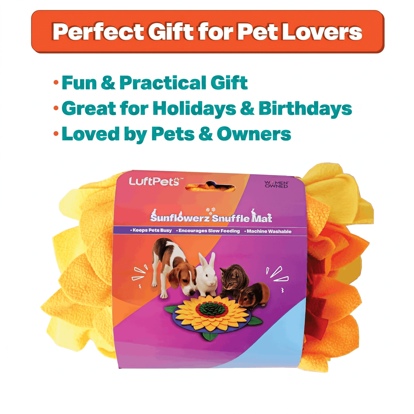 LuftPets Sunflowerz Snuffle Mat packaging with promotional text on a white background