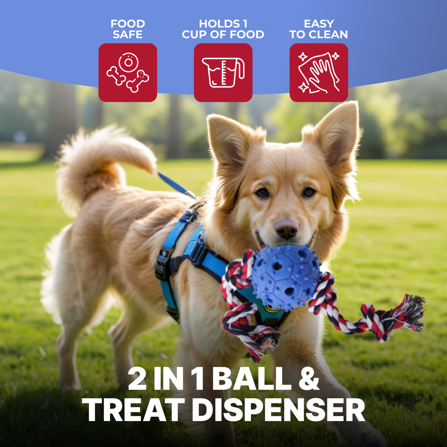 Dog Chew Toy with Tug of War Rope & Treat Dispenser Rubber Ball