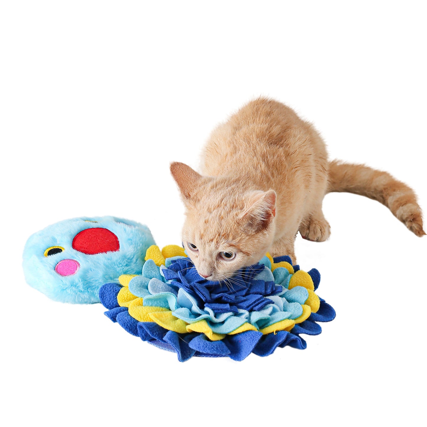 cat using snuffle mat blue