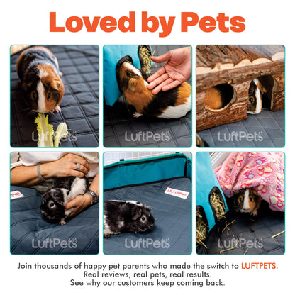 A promotional collage with six photos of guinea pigs using LuftPets products, including a dark quilted mat, a wooden hide, and a pink fleece blanket. The text at the top reads 'Loved by Pets' and the bottom text says to join thousands of happy pet parents who switched to LuftPets.