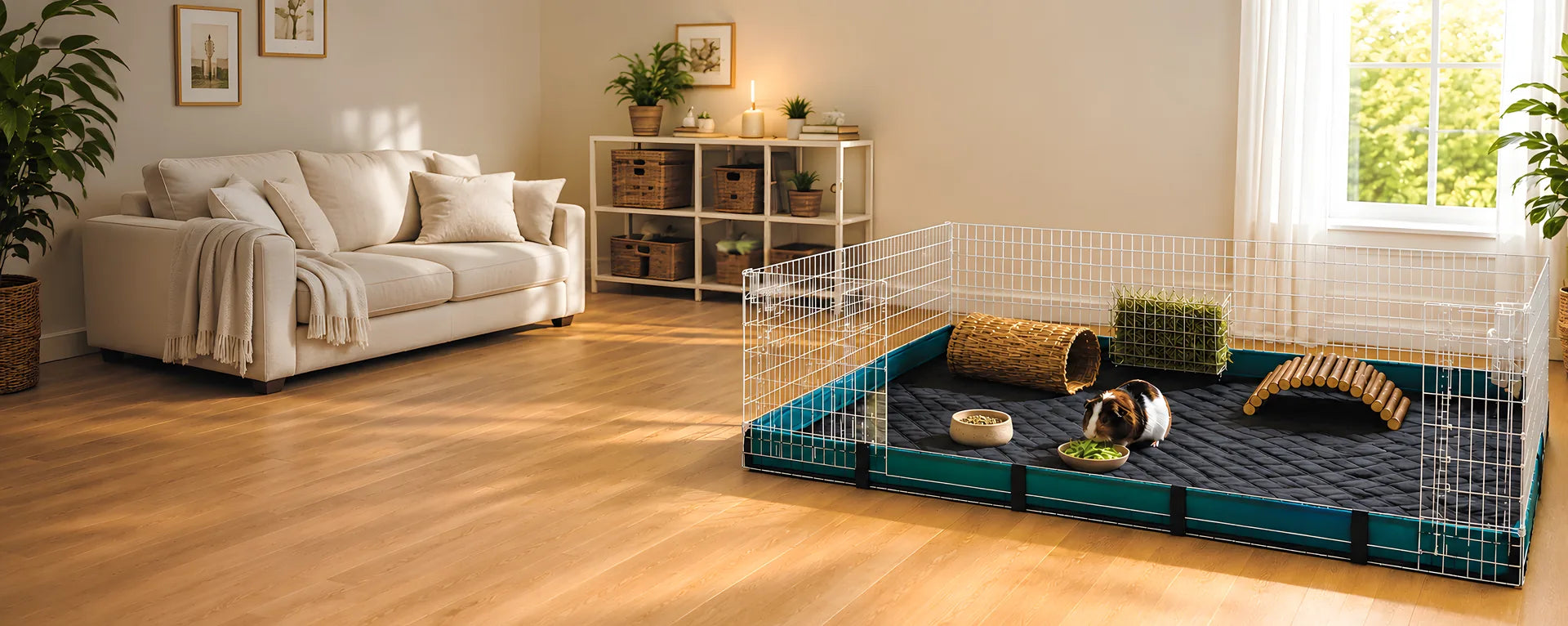 Guinea pig in a playpen lined with a LuftPets cage liner in a sunny living room